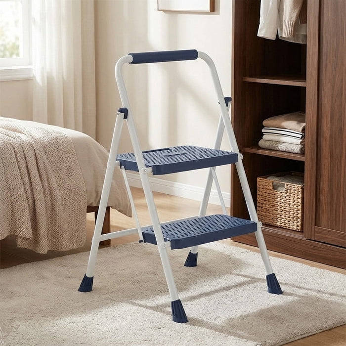 Blorly Step Ladder, Sturdy 2 Step Stool with Anti-Slip Pedal, Automatic lock, for Home Kitchen, Garage, Outdoor Use, Blue