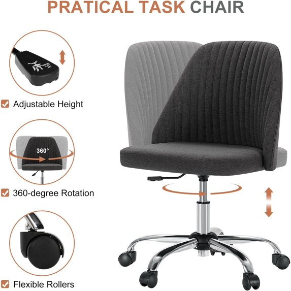 Armless Office Chair, Height Adjustable Swivel Desk Chair with Wheels, Modern Upholstered Task Seat for Home Office, Bedroom, Study and Makeup Vanity