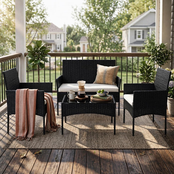 Taoset Patio Furniture Set 4 Pieces All-Weather Rattan Outdoor Furniture Patio Chairs with Tempered Glass Table for Porch Bistro Balcony, Black