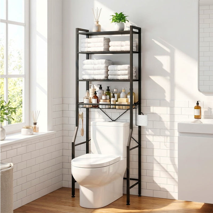 Simenmax Over-The-Toilet Storage Rack, 4-Tier Bathroom Organizer with Adjustable Shelves, Space-Saver Shelf Unit with Paper Holder & Hooks,Black