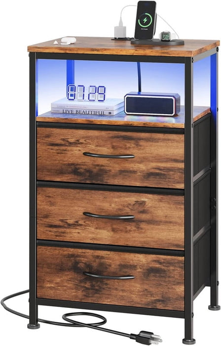 Simenmax Nightstand with Charging Station & LED Lights, 3 Drawer Bedside Table with Variable Light Strip, Modern Industrial Bedroom Furniture, Brown