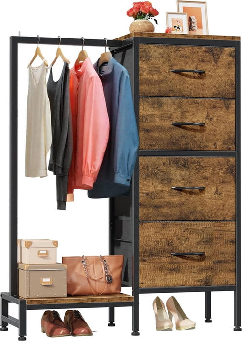 Simenmax 4-in-1 Storage Tower with Clothes Rack, Tall Garment Rack with Shoe Shelf and Bag Hook, Heavy Duty Organizer for Bedroom Entryway Living Room, Brown