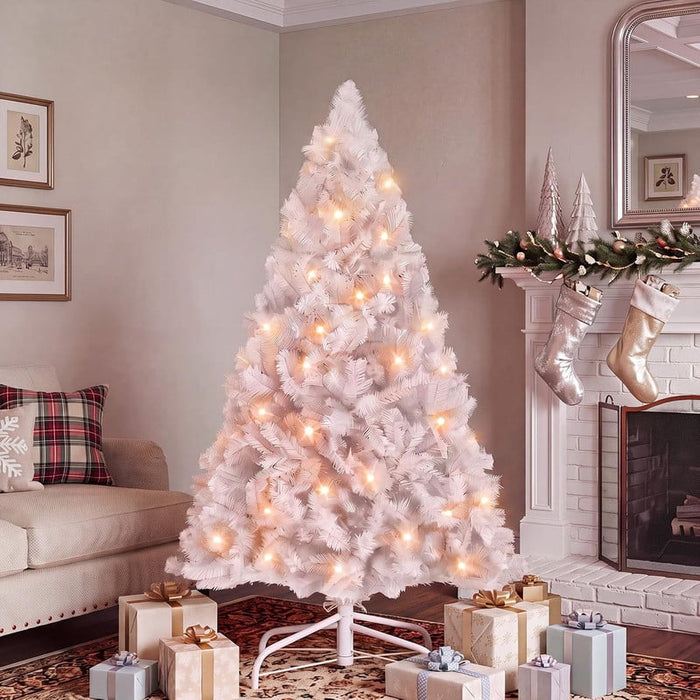 Simenmax 4.5 FT White Pre-Lit Christmas Tree – Artificial Xmas Tree with 120 Warm White LED Lights, 347 PVC Tips, 8 Lighting Modes, Hinged Design & Metal Stand for Holiday Home Decor