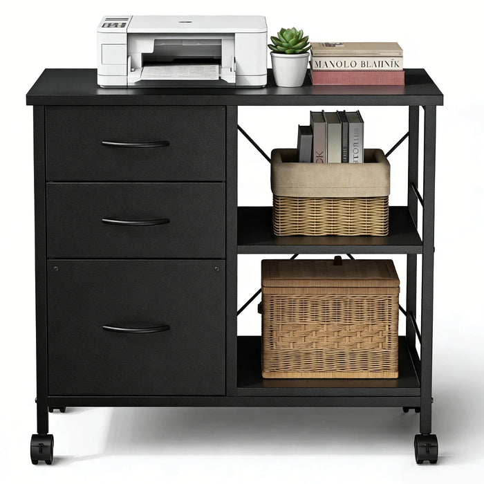 Nextay 3-Tier Mobile File Cabinet Wide Filing Cabinet Desk Table Cabinet Storage Furniture with Drawers and Back Support Bar for Home Office, Black