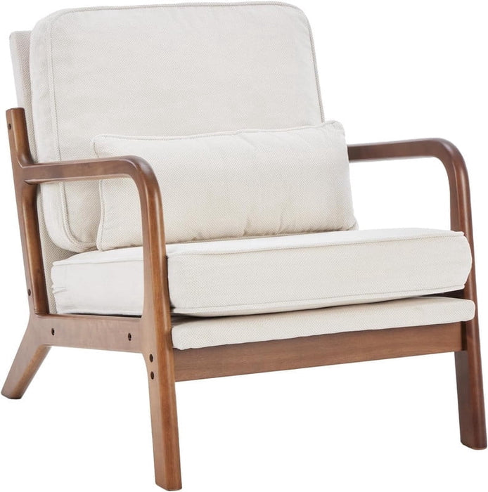 Simenmax Mid Century Modern Accent Chair, Lounge Chair with Cushion, Solid Wood Chair with Arms, Reading Chair for Living Room, Bedroom,Beige