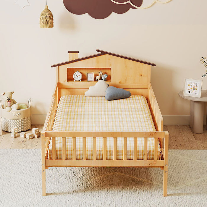 Blorly Twin Size Bed Frame with Storage- Twin Bed Frame with Solid Wood House Headboard & Safety Guardrails, No Box Spring Needed