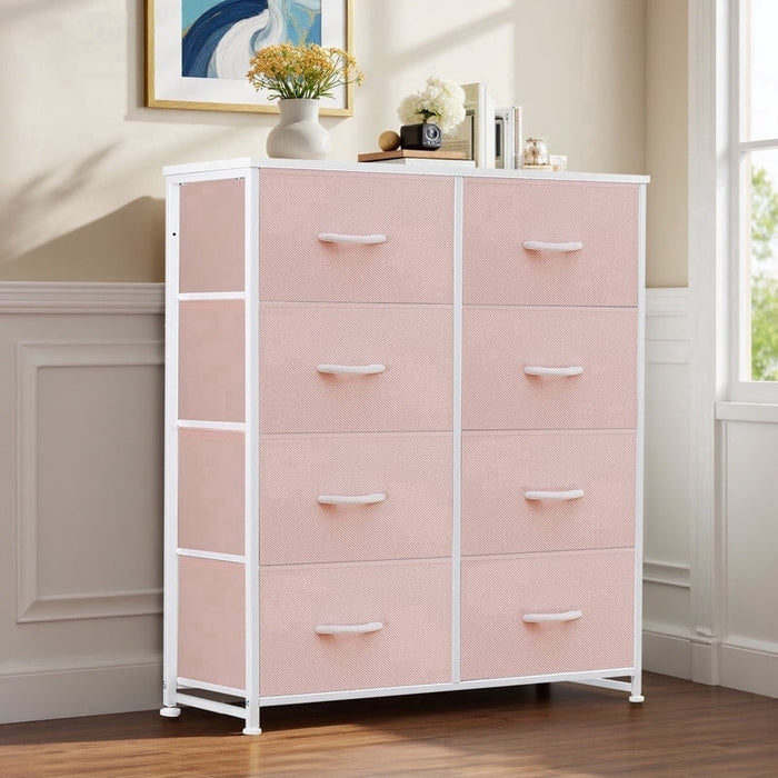 Ethovia 8-Drawer Fabric Storage Dresser, Sturdy Steel Frame with Wooden Tabletop, Wide Foldable Bins, Perfect for Bedroom, Hallway, and Entryway, Pink