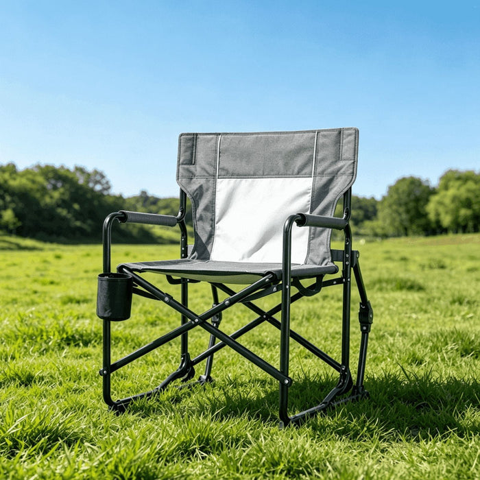 Taoset Folding Camping Rocking Chair, Heavy Duty Outdoor Rocker with Hard Armrest and Breathable Mesh Back, Smooth Motion Lawn Chair with Cup Holder for Patio, Campfire and Tailgating, Gray