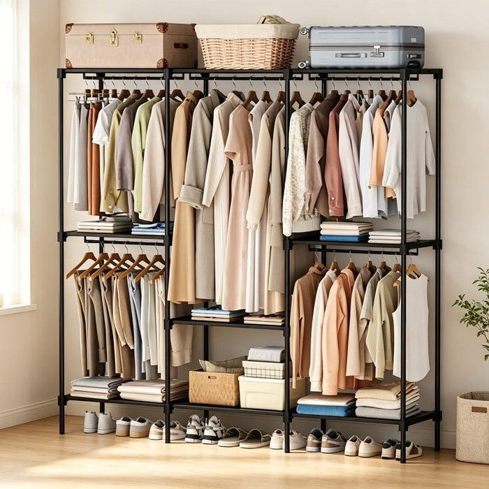 Betcozy Open Closet Organizer, 48.3" Width Double Hanging‑Rod Metal Garment Rack with Removable Multi‑Tier Storage Shelves
