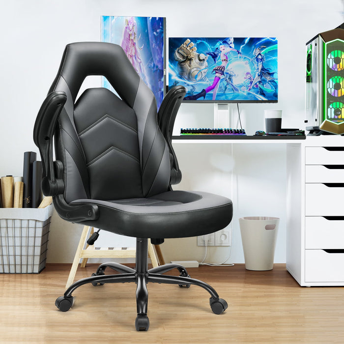 Bigleap Gaming Chair, Ergonomic Office Leather Racing Chair with Flip-up Armrest, Black Gray