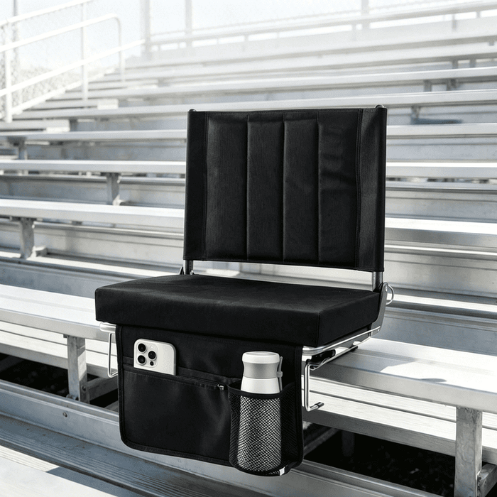 Betcozy Padded Stadium Seat with Back Support, Ultra-Thick Cushion Bleacher Chair with Shoulder Strap for Bleachers, Cup Holder & Zipper Pocket, Foldable Spectator Chair for School Sports, Blue
