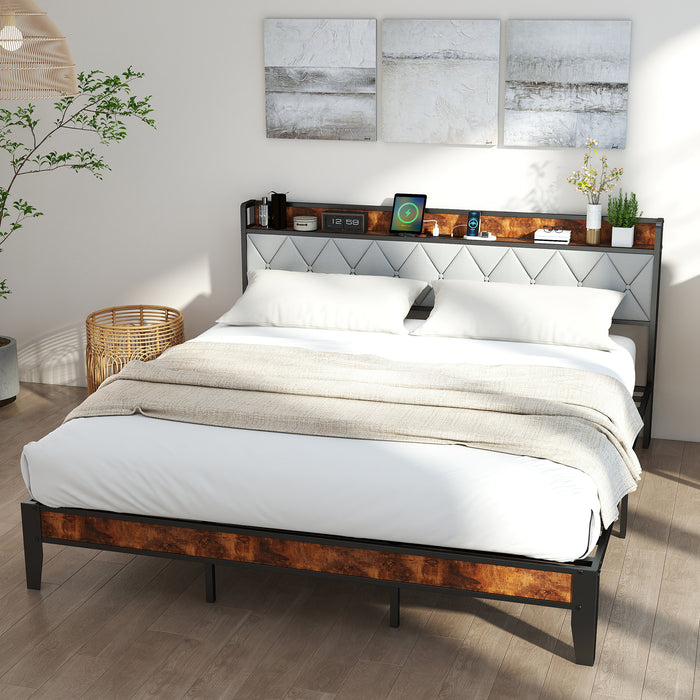 Simenmax Queen Size Bed Frame with Storage Headboard & Charging Station,Platform Metal Bed Frame No Box Spring Required,Grey