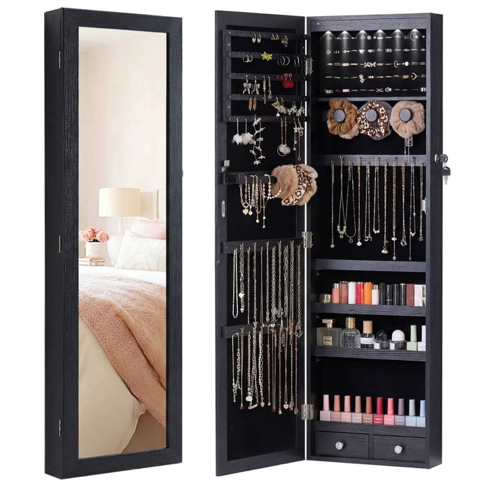 Blorly Jewelry Armoire with 6 LEDs Mirror, Mirror with Storage, Lockable Jewelry Storage for Wall or Door Mounted, Black