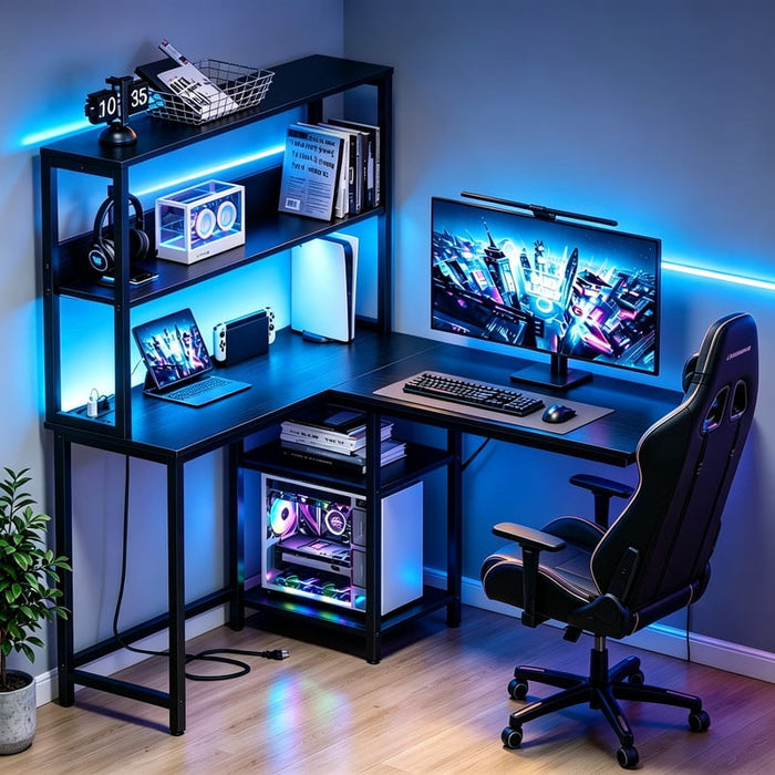 Betcozy L Shaped Desk with LED Lights, 43 Inch Reversible Corner Computer Desk with Power Outlet, Hutch, 2 Tier Storage Shelves and Headphone Hook, Black