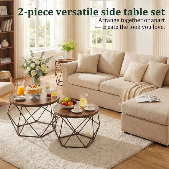 Aidoly 2-Piece Round Nesting Coffee Table Set with Hidden Storage, Modern Geometric Movable End Tables for Living Room