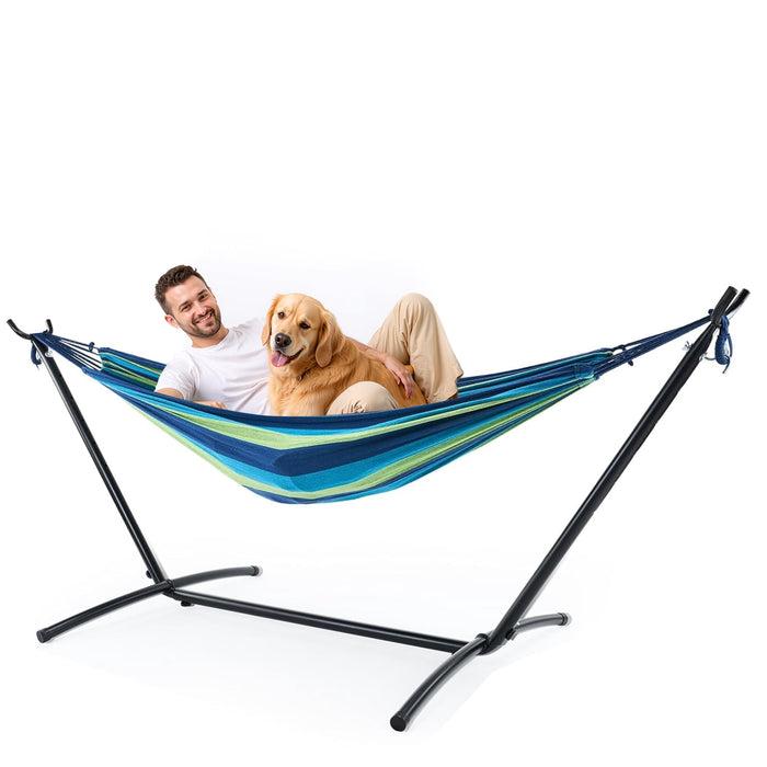 Betcozy Hammock with Stand, 450 LBS Heavy Duty Double Hammock with Bag, Saving Steel Stand for Outside Garden Yard, Blue