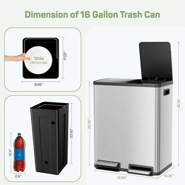 Blorly Kitchen Trash Can, 16 Gallon Garbage Can with Dual Inner Bins, 60 Liter Large Capacity Trash Can with Soft-Close Foot Pedal, Stainless Steel