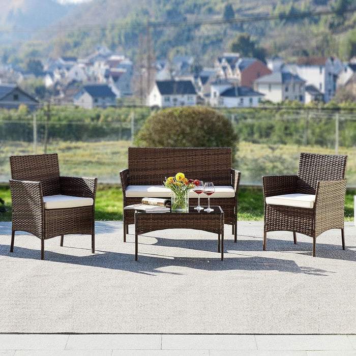 Betcozy Patio Furniture Set, 4 PCS Rattan Patio Chairs Conversation Sets with Coffee Table and Cushion, Outdoors Wicker Bistro Chair Sets, Weather-Resistant, Beige