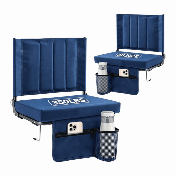 Taoset 3.5 Inch Thick Stadium Chair, Wide Folding Bleacher Seat with Backrest, Anti-Slip Steel Hook, Portable Compact Sports Chair with Padded Cushion & Cup Holder for Camping, Football, Blue, 2 PCS