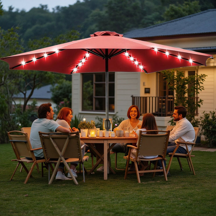 Betcozy Patio Umbrella with 32 LED Lights, 10FT Outdoor Solar Umbrellas with Push Button Tilt and Crank, 8 ribs, for Market, Beach, Pool,Garden, Deck, Red