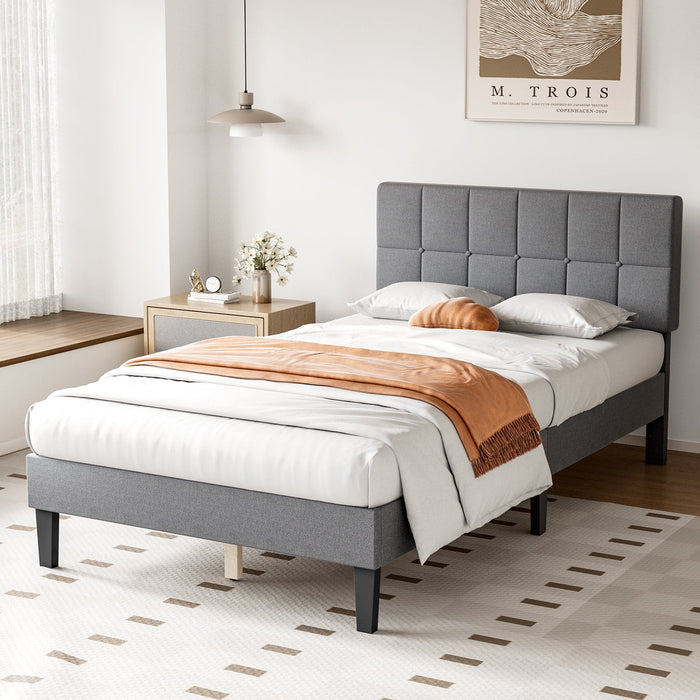 Bed Frame with Adjustable Upholstered Headboard,Wooden Platform Bed Frame