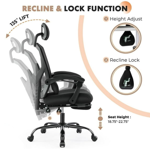 Office Computer Desk Chair, High-Back Ergonomic Mesh Swivel Chair with Lockable Recline, Adjustable Lumbar Support, Retractable Footrest & Padded Arms for Home Office, Study, and Gaming