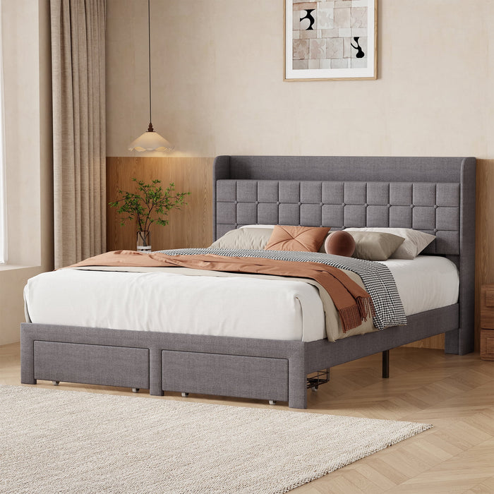 Taoset Queen Size Upholstered Platform Bed Frame with 4 Storage Drawers, Tufted Wingback Headboard with Top Storage Shelf, Heavy Duty Steel Slat Support, No Box Spring Needed, Noise-Free, Grey Linen