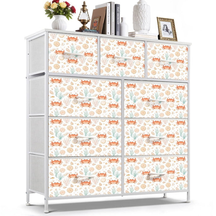 Taoset Coastal Kids Storage Dresser - 9 Drawer Beach House Fabric Chest, Nautical Red Crab & Seashell Print Organizer Tower for Nursery Playroom