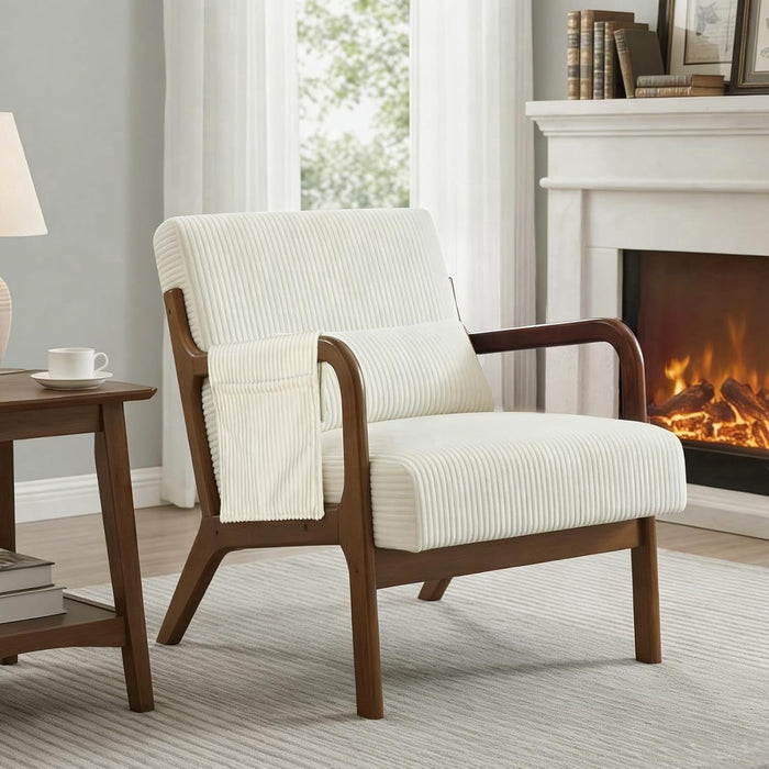 Taoset Mid-Century Modern Accent Chair,Aesthetic Armchair with Chic Wooden Frame & Premium Lumbar Pillow, Exceptionally Comfy Corduroy UpholsteredReading Lounger for Living Room, Bedroom, Beige