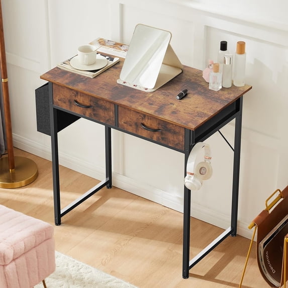 Small Desk with Drawers, Modern Study Writing Table Computer Desks with Storage Bag & Hook for Bedroom Home Office