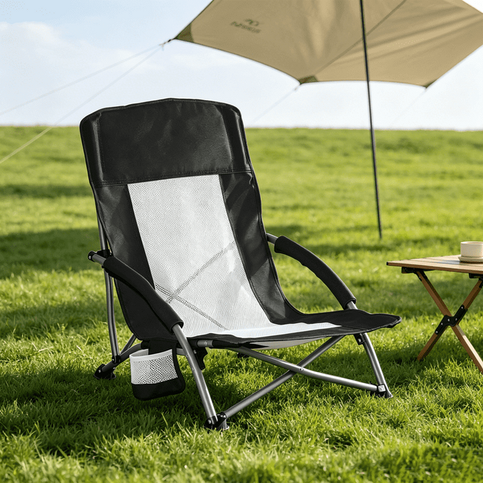 Taoset Low Profile Camping Chair, Breathable Mesh Folding Beach Chair, Lightweight Portable Concert Chair with Cup Holder & Armrests for Outdoor Events, Picnic, Lawn & Sand, Black