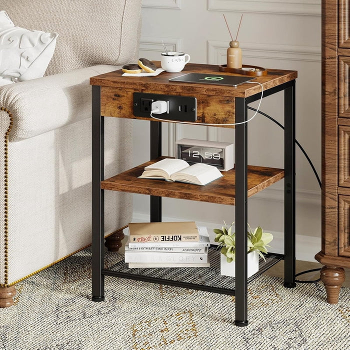 Bigleap 3-Tier End Table with Charging Station, Small Nightstand with AC Outlets & USB Ports for Small Spaces, Bedroom, Living Room, Brown