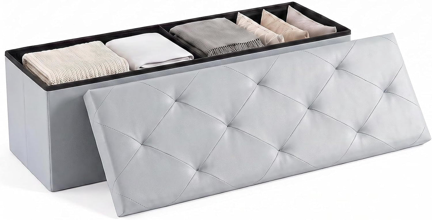 Simenmax Versatile Ottoman Storage Bench, Folding Footrest Stool, PVC Fabric Chest for Living Room, Bedroom, Entryway,Gray