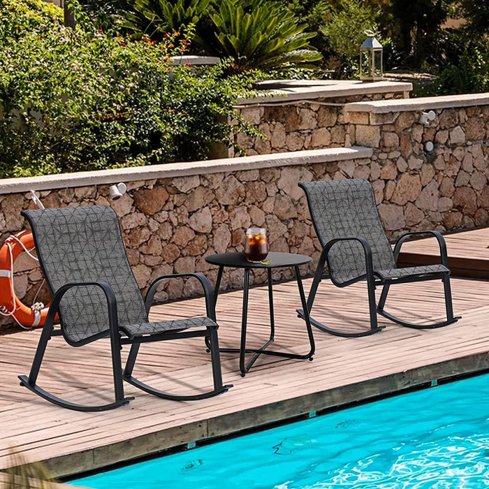 Blorly 3 PCS Patio Sets, Mesh Rocking Chairs with Table, for Porch Balcony, Poolside, Deck, Black