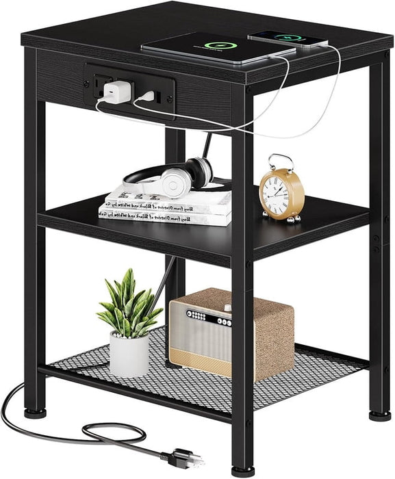 Simenmax 3-Tier Nightstand with Charging Station, USB Ports & Outlets, Adjustable Shelf End Table for Living Room, Bedroom,Black