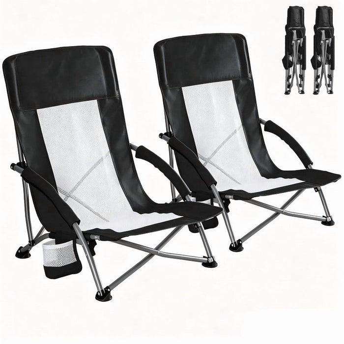 Bigleap 2pcs Portable Beach Chair, Low Heavy Duty Camping Chair with Carry Bag, Breathable Mesh Lawn Chair for Outdoor, Travel, Festival, Black