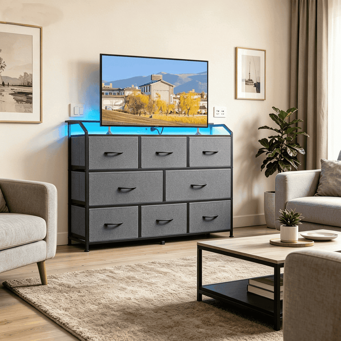 Taoset 8 Drawer TV Stand with LED Lights, Tall Dresser for Bedroom & Living Room, Entertainment Center for 45 inch TV, Organization Hub, Gray