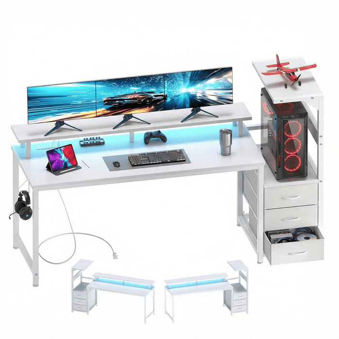 Taoset Reversible Gaming Desk with LED Lights, Power Outlet & 3 Fabric Drawers, 59" Carbon Fiber Computer Desk with Full Triple Monitor Riser, CPU Storage Tower Headset Hook for Home Office Dorm, White
