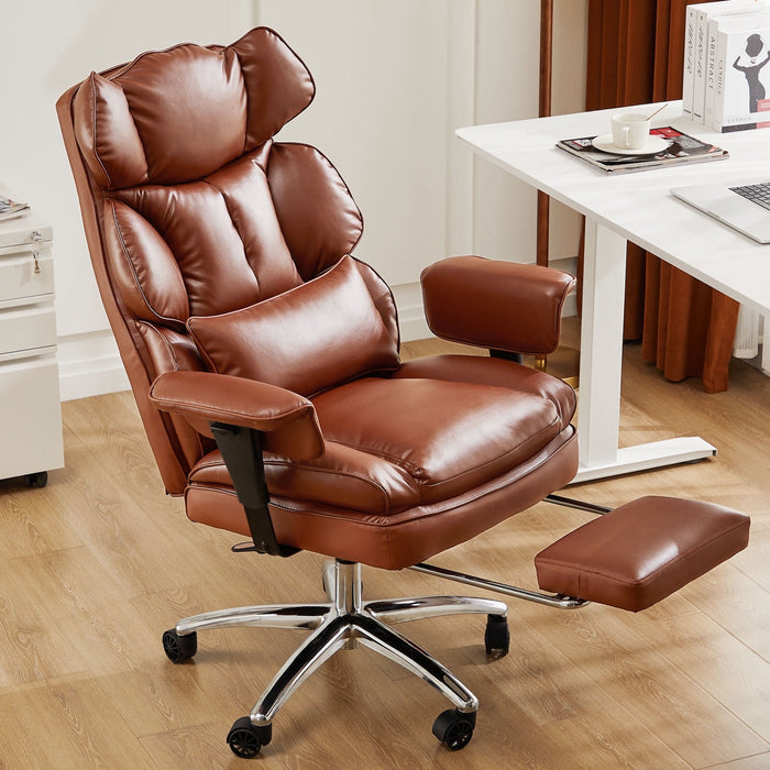 Betcozy Executive Office Chair, Ergonomic High Back Office Chair with Retractable Footrest & Lumbar Support, Reclining PU Leather Computer Chair, Height Adjustable Swivel Task Chair, Brown