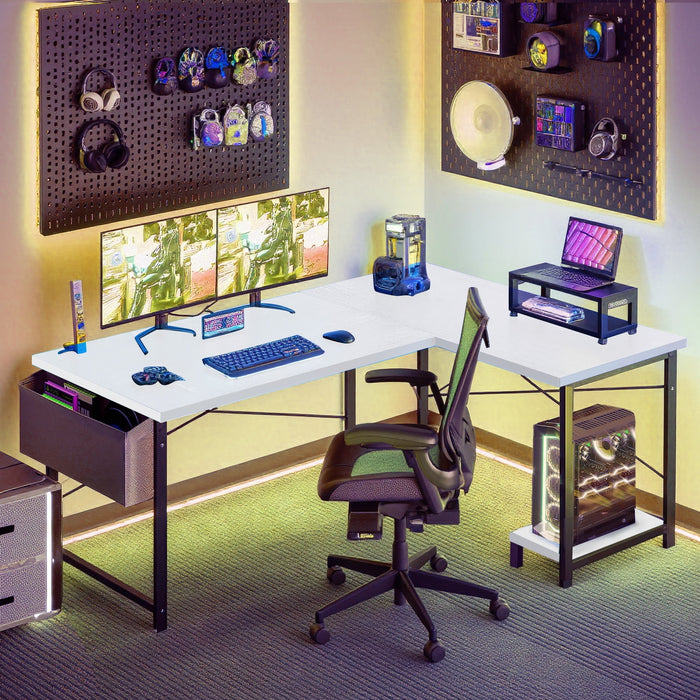 Blorly L Shaped Gaming Desk, 50 Inch Reversible Corner PC Work Table for Writing Study, Wood Tabletop and Metal Frame, CPU Stand Side Bag for Home Office Small Space, White