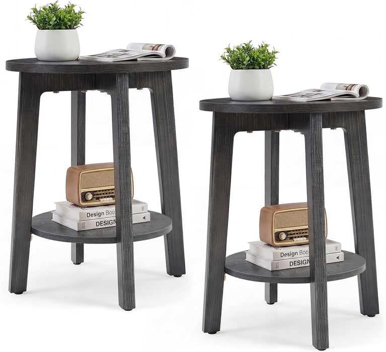 Simenmax 2PCS Round Side Table, 2-Tier Wood End Table with Storage Shelf, Nightstand for Bedroom, Small Spaces,Gray