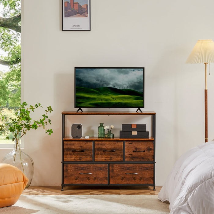 Nextay TV Stand Dresser with 5 Fabric Drawers, Small Media Console with Open Shelf for 45-Inch TV, Storage Organizer for Bedroom, Dorm, or Living Room,Brown