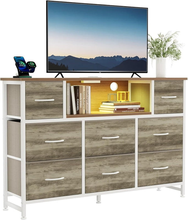Simenmax LED TV Stand for 45-55 Inch TV, Entertainment Center with 8 Fabric Drawers & Open Shelves, Charging Station with 2 USB & 2 AC Outlets, OAK