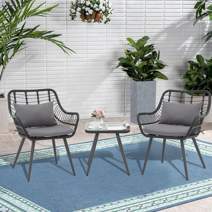 Betcozy Paito Bistro Set of 3, Wicker Conversation Furniture Set with with Coffee Table and Cushions, Outdoor Rattan Chair and Table Set, Black