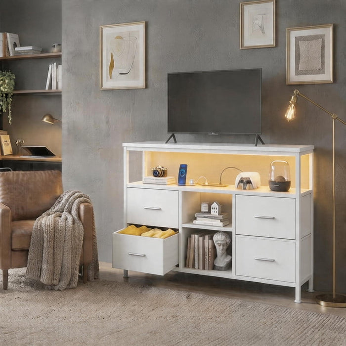 Betcozy TV Stand with LED Lights, Modern Entertainment Center with 4 Storage Drawers, 43" Media Console for Bedroom & Small Spaces, 1.5mm Heavy-Duty Frame, White