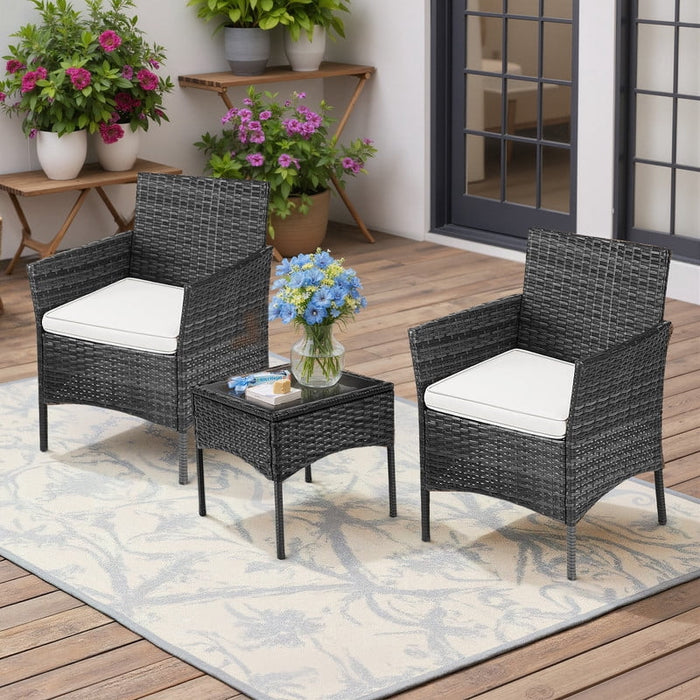 Blorly 3 Piece Outdoor Patio Furniture Set, All-Weather Rattan Wicker Conversation Set with Washable Cushions & Glass Top Coffee Table, Modern Sectional Garden Sofa Set for Backyard, Porch, Poolside (Black)