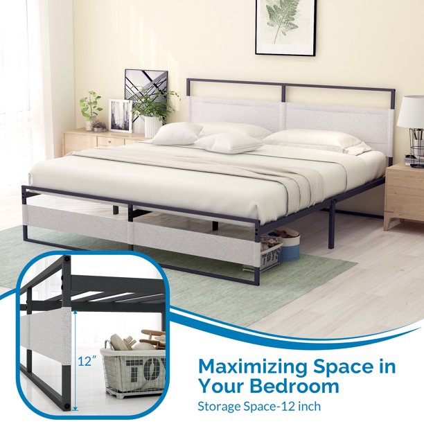 Metal Bed Frame Queen Size, Black Metal Bed Platform No Box Spring Needed, Noise Free Carbon Steel Bed Foundation with Pocket