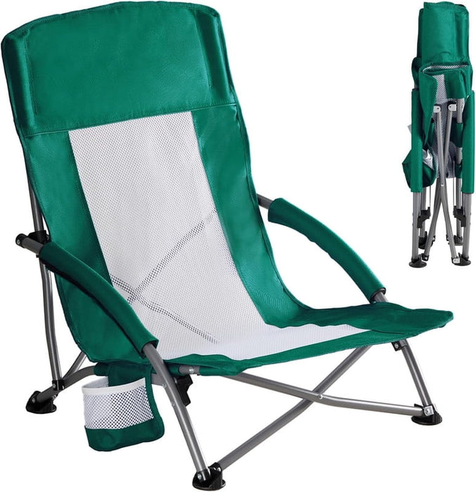 Bigleap Portable Beach Chair, Low Heavy Duty Camping Chair with Carry Bag, Breathable Mesh Lawn Chair for Outdoor, Travel, Festival, Green