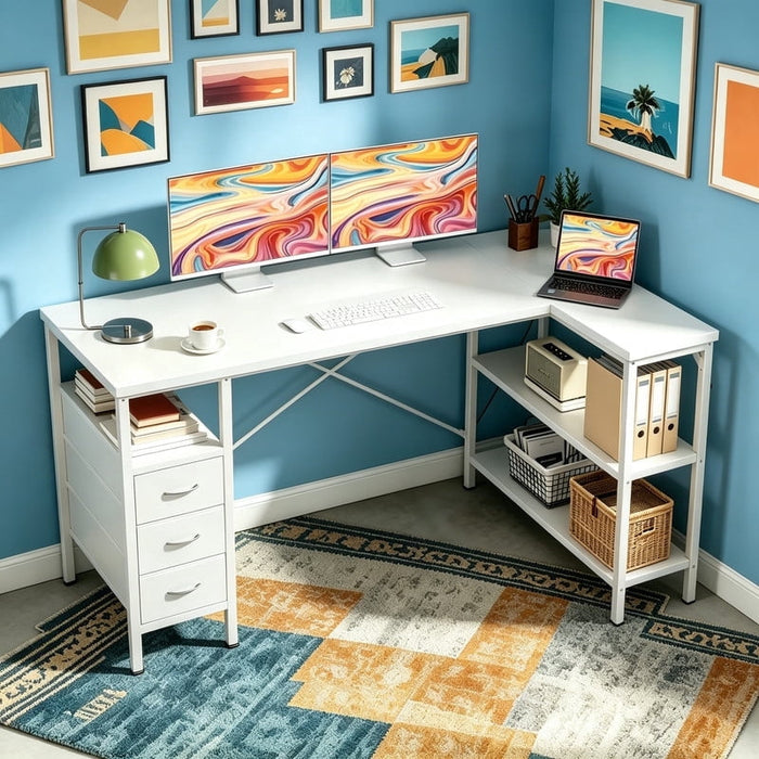 Betcozy 55" L-Shaped Corner Desk with Charging Station, Wide Desktop for Dual Monitors, Storage Shelves & Drawers for Gaming Bedroom,White