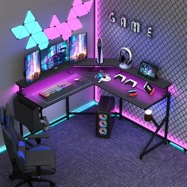 L Shaped Gaming Desk with LED LightsL Shaped Gaming Desk & Power Outlets, 51" Computer Desk with Monitor Stand, Cup Holder, Carbon Fiber Surface Home Office Desk, Corner Gaming Desk with Hooks, Black